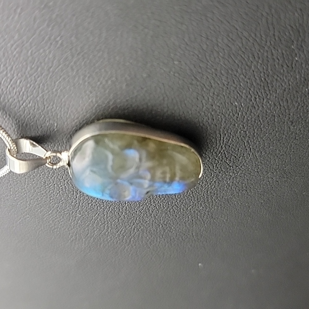 22" Silver Plate Necklace Gemstone Labradorite Skull Pendant Unisex NEW - Picture 6 of 8